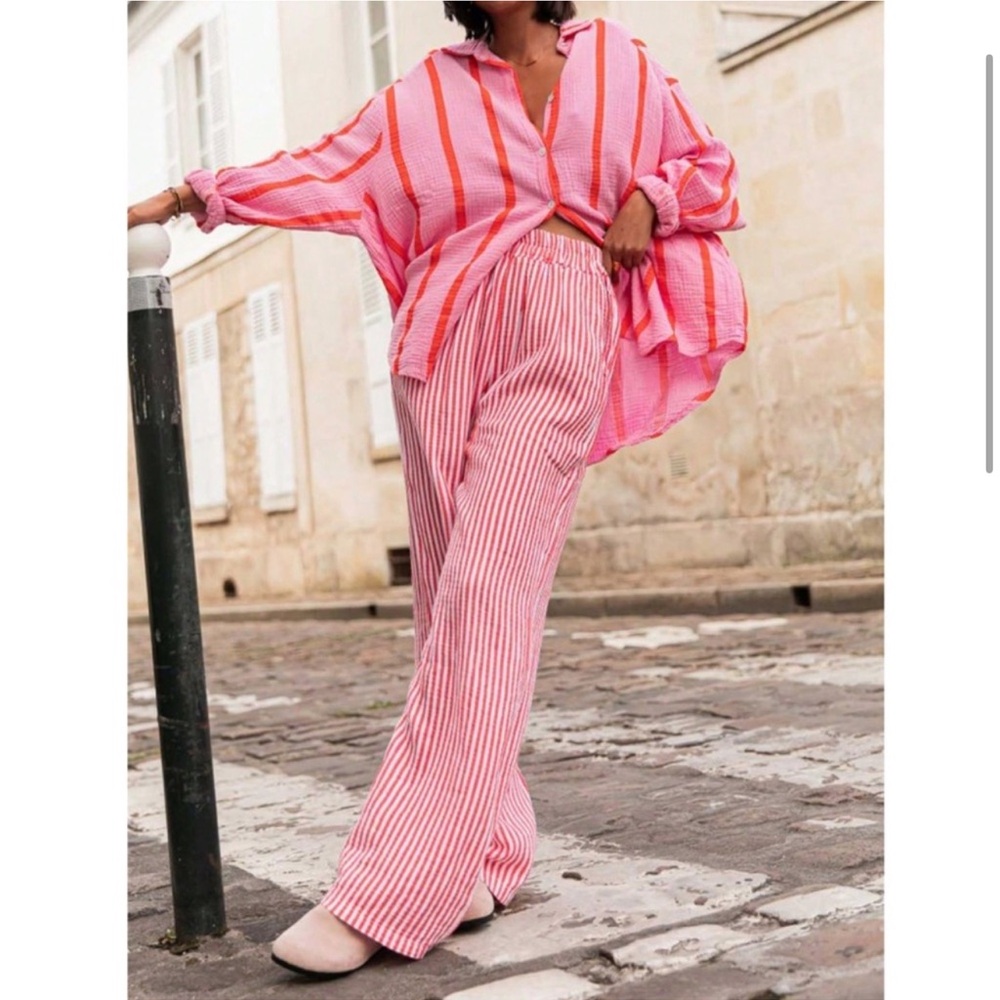 Pink Striped Oversized Button Down Shirt Long Sleeve - Picture 5 of 7